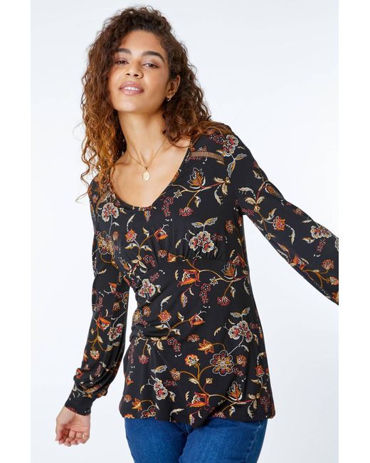 Roman Black Floral Ladder Trim Stretch Top