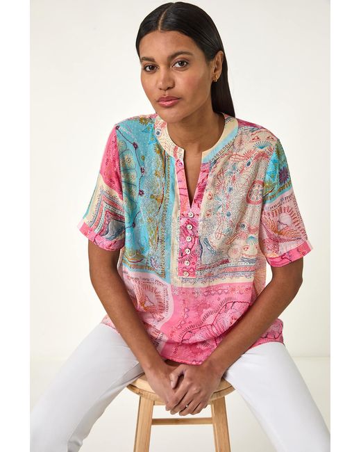 Roman Red Scarf Print Hotfix Buttoned Top