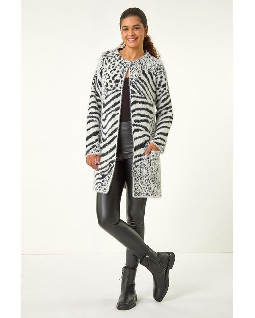 Roman Black Abstract Animal Print Fluffy Cardigan