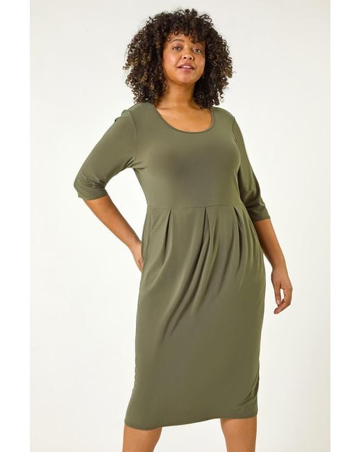 Roman Curve Green Cocoon Pocket Detail Midi Dress