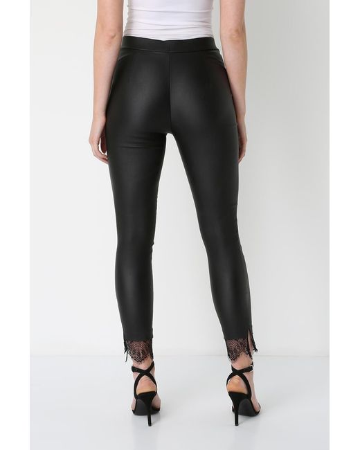 Roman Black Faux Leather Lace Hem Leggings
