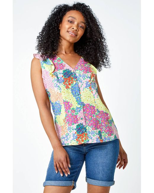 Roman Petite White Floral Frill Detail Button Top