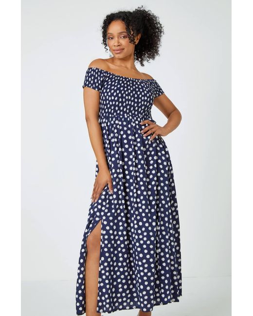 Roman Petite Blue Polka Dot Bardot Maxi Dress