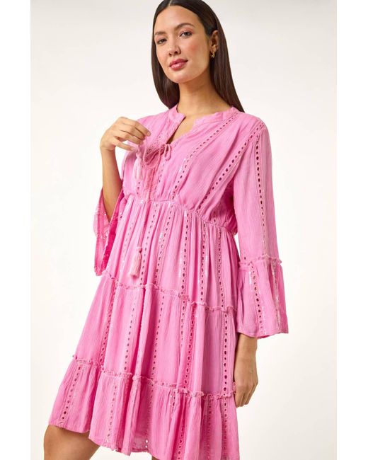 Roman Pink Shimmer Tie Detail Smock Dress