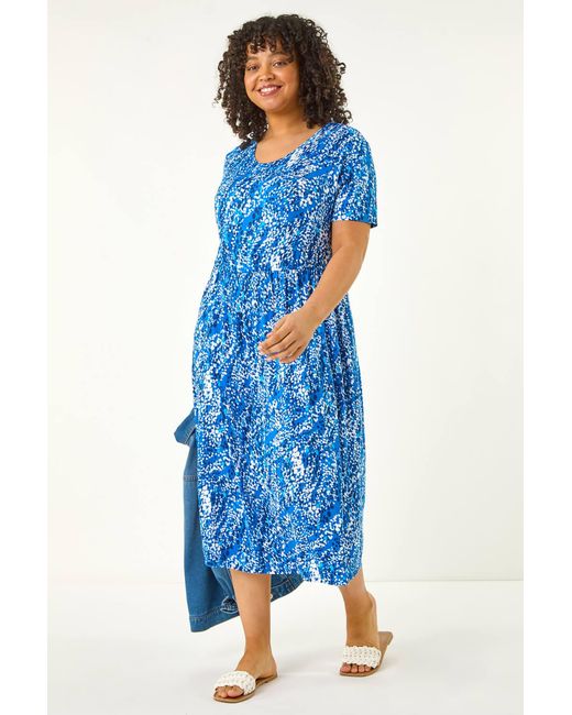 Roman Curve Blue Spot Print Stretch Dress