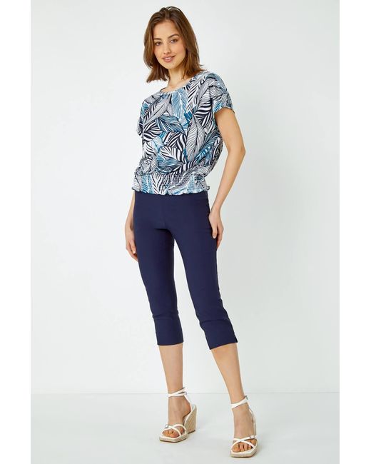 Roman Blue Metallic Leaf Print Stretch Top