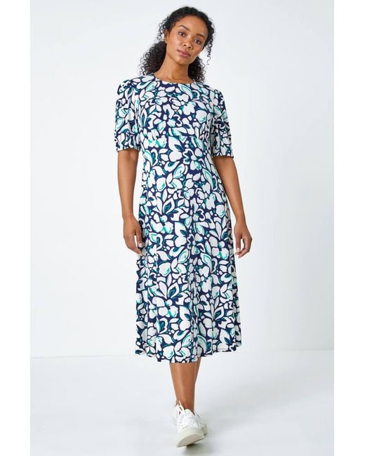 Roman Petite Blue Floral Stretch Midi Dress