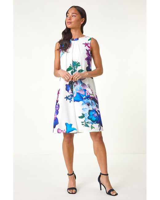 Roman Petite Blue Gathered Neck Hotfix Dress