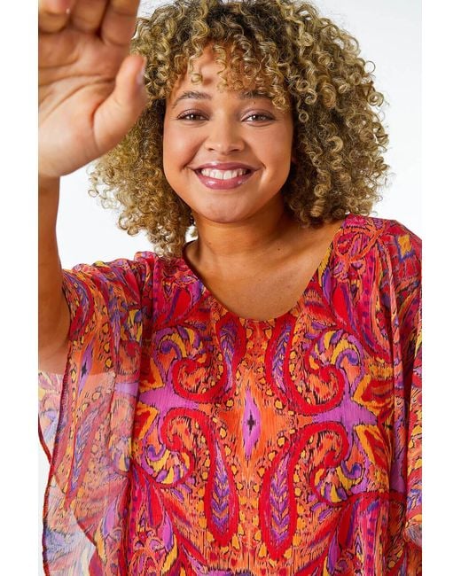 Roman Curve Red Paisley Print Chiffon Overlay Top