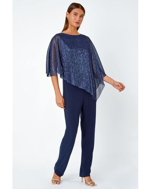 Roman Blue Metallic Overlay Stretch Jumpsuit