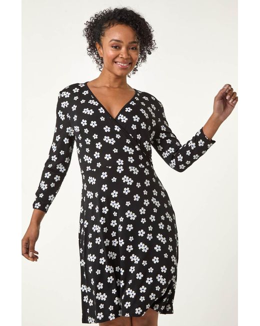 Roman Petite Black Roman Originals Petite Floral Wrap Dress