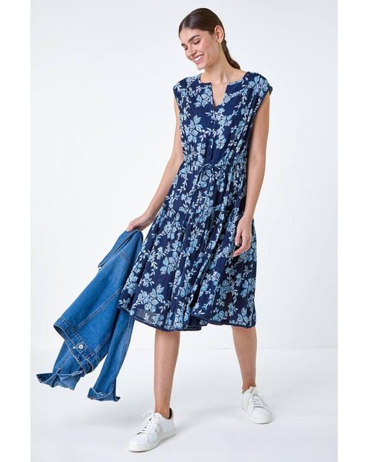 Roman Blue Floral Print Tiered Woven Dress