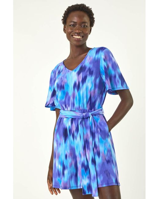 Roman Blue Abstract Print Belted Playsuit