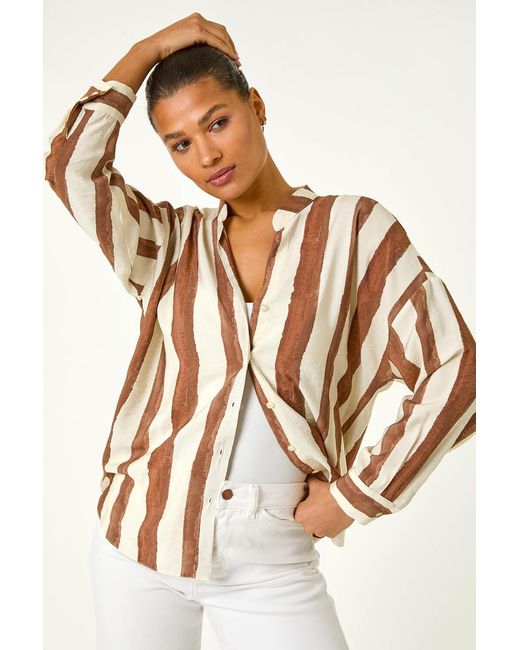 Roman Brown Stripe Print Relaxed Button Shirt
