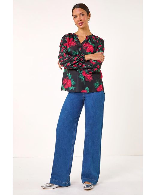 Roman Red Floral Print Notch Neck Top
