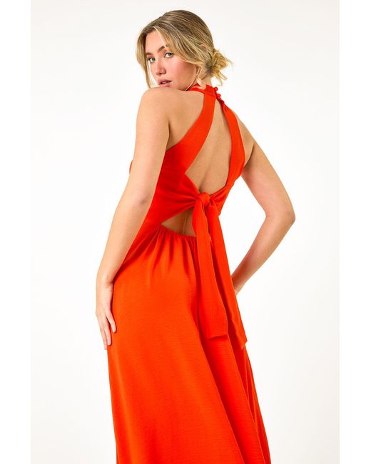 D.u.s.k Red Tie Back Halterneck Midi Dress