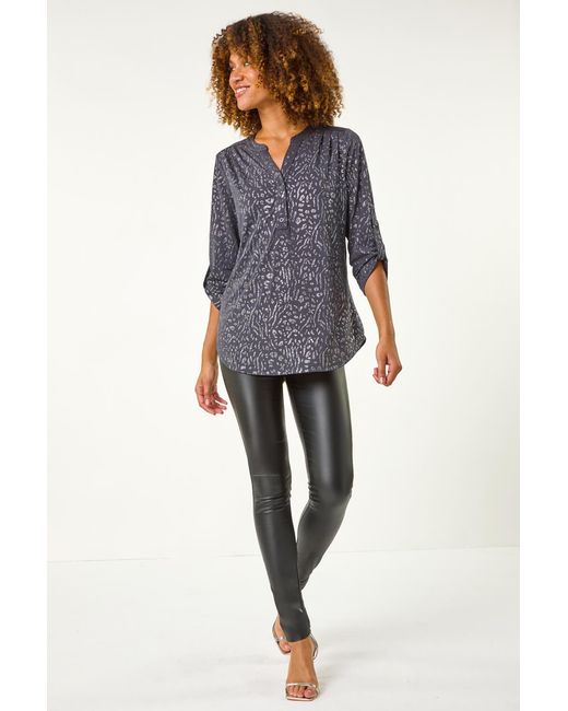 Roman Blue Glitter Animal Print Stretch Shirt