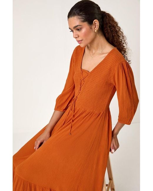 Roman Orange Lace Up Shirred Midi Dress