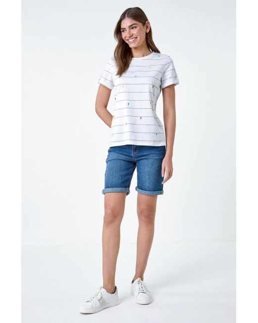 Roman White Lightning Embroidery Stripe Stretch T-shirt