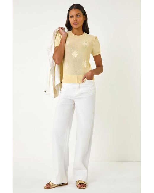 Roman Yellow Daisy Sequin Embroidered Knit Top