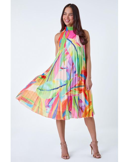 Roman Petite White Tropical Halter Neck Pleated Dress