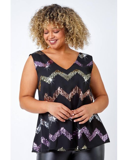 Roman Curve Black Sequin Zig Zag Cami Top