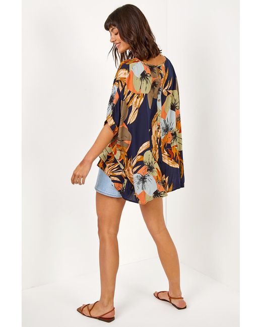 Roman Blue Palm Print Button Back Top