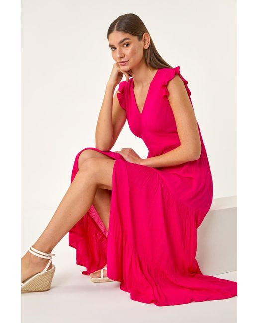 Roman Pink Crinkle Tiered Frill Maxi Dress