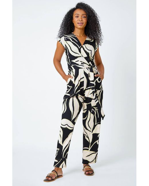 Roman Petite Black Leaf Print Stretch Jumpsuit