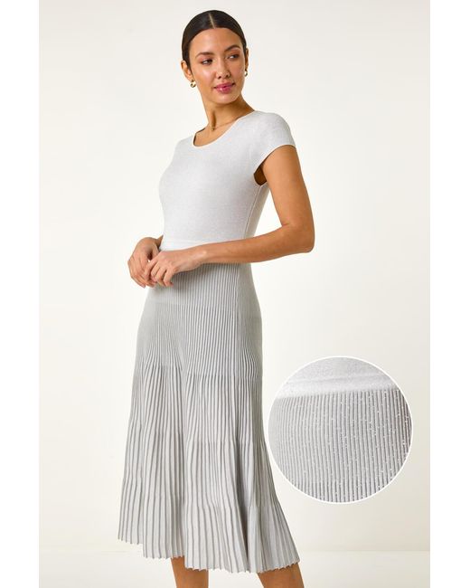 Roman White Shimmer Knit Pleated Dress