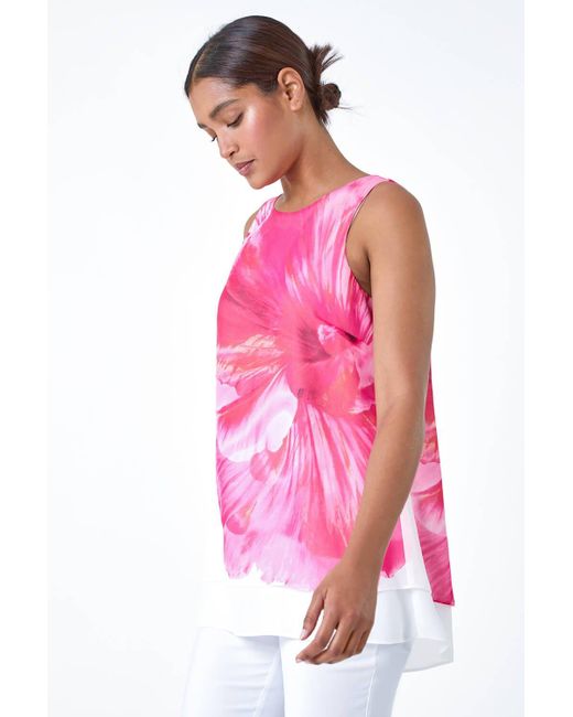 Roman Pink Floral Print Double Layer Vest Top