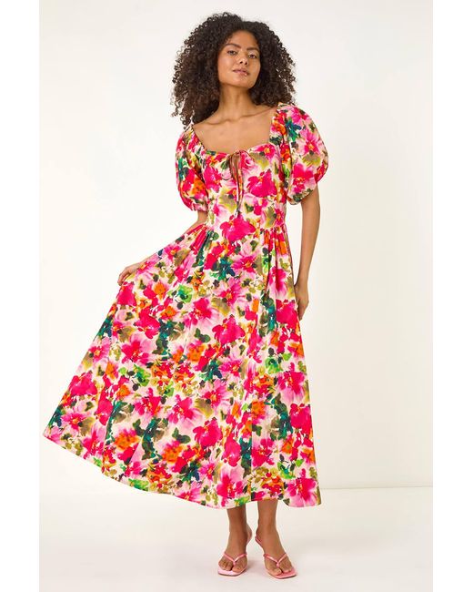 D.u.s.k Red Floral Pleated Puff Dress