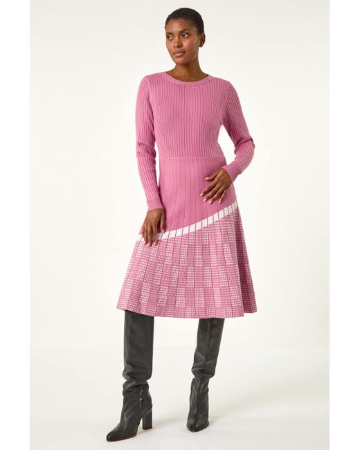 Roman Pink Pleated Border Ribbed Knit Dress