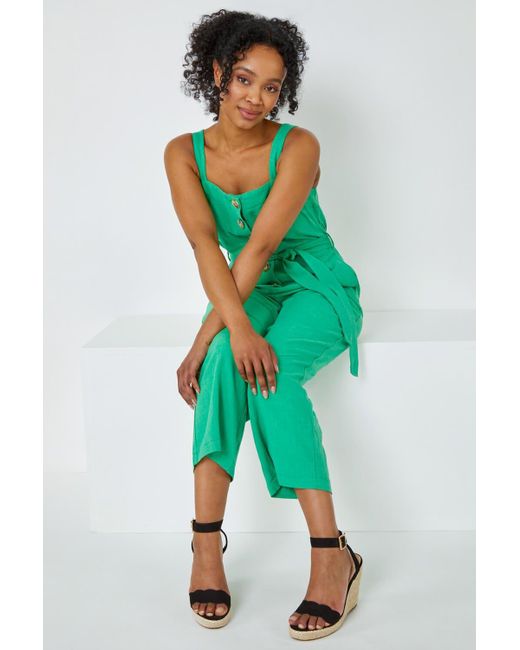 Roman Green Petite Sleeveless Linen Blend Jumpsuit