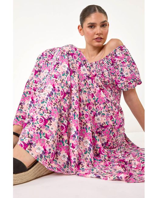 Roman Ditsy Floral Shirred Bardot Tiered Dress in Pink | Lyst UK