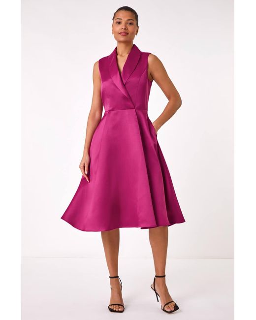 Roman Pink Satin Tuxedo Style Midi Dress