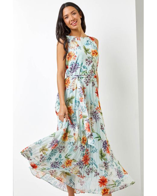 Roman Multicolor Floral Print Pleated Maxi Dress