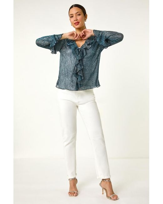 Roman Blue Plisse Print Front Frill Top