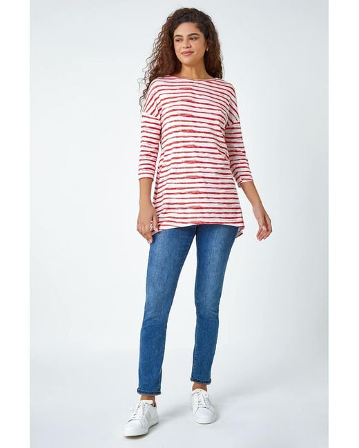 Roman Red Abstract Stripe Print Stretch Top