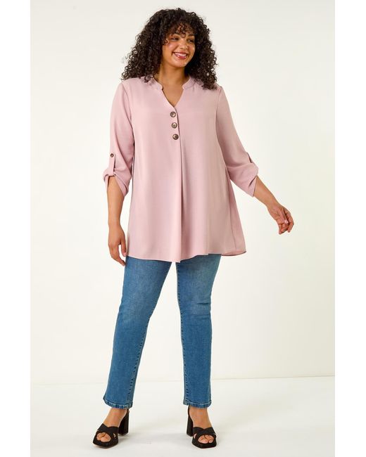 Roman Curve Pink Textured Buttoned Tunic Top