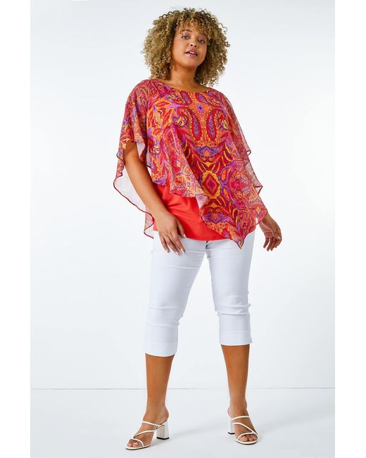 Roman Curve Red Paisley Print Chiffon Overlay Top