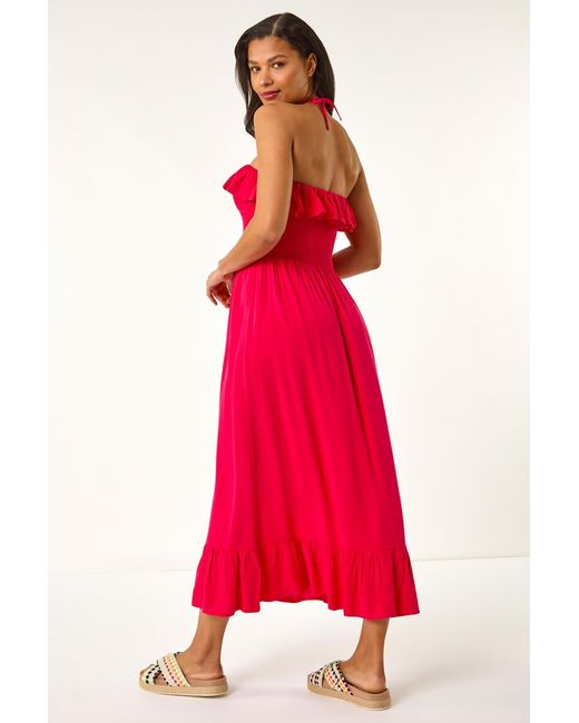 Roman Frill Shirred Bandeau Midi Dress
