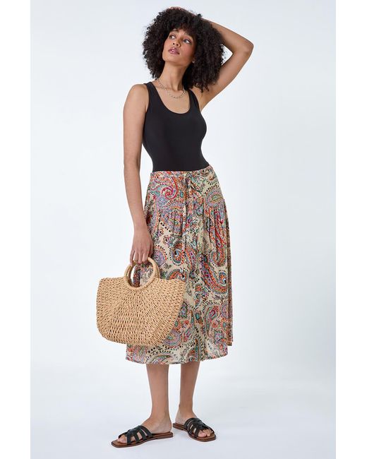 Roman Multicolor Cotton Paisley Boho A Line Midi Skirt