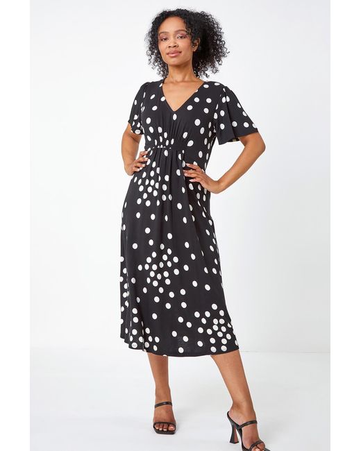 Roman Petite Black Polka Dot Stretch Midi Dress