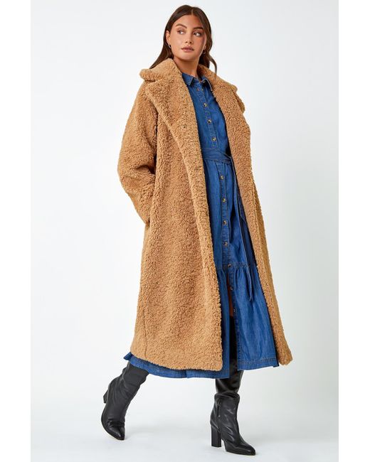 Roman Blue Longline Faux Fur Teddy Borg Coat
