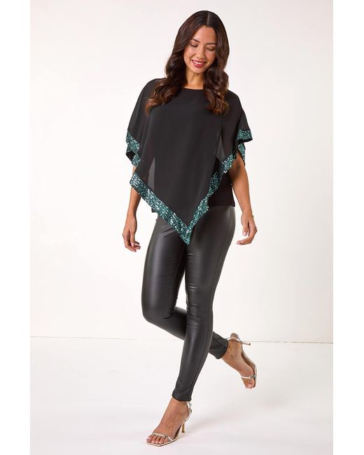 Roman Black Sequin Hem Overlay Stretch Top