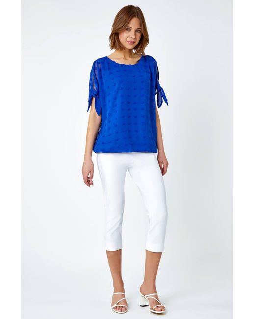 Roman Blue Textured Spot Split Sleeve Chiffon Top