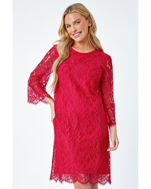 Roman Petite Red Lace Overlay Tunic Dress