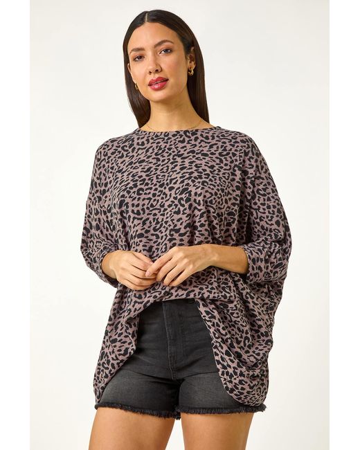 Roman Brown Animal Print Batwing Stretch Top