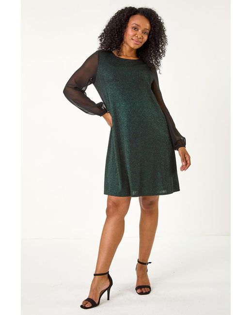 Roman Petite Black Chiffon Sleeve Sparkle Dress